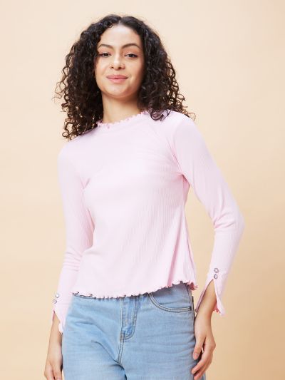 Globus Women Pink Solid Ribbed Lettuce Edge High Neck Casual Top