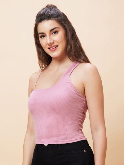 Globus Women Pink Solid One Shoulder Ribbed Casual Top
