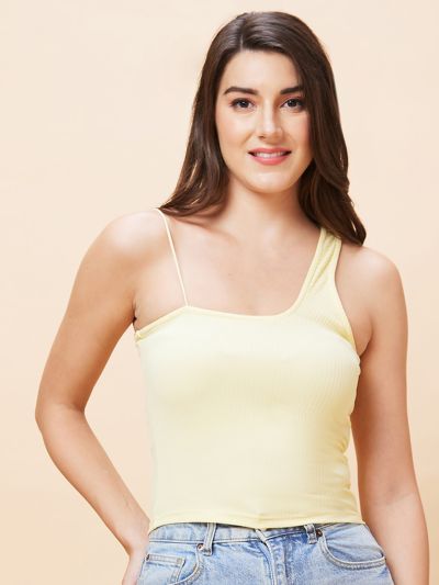 Globus Women Yellow Solid One Shoulder Ribbed Casual Top