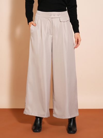 Globus Women Ash Grey Solid High-Rise Pleated Wide-Leg Workwear Trousers