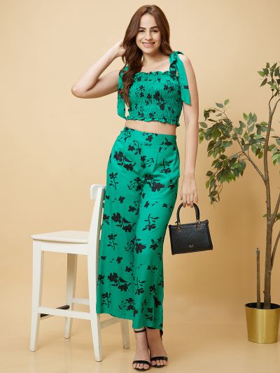 Globus Women Green Printed Casual Co-Ord Set with Smocked Crop Top and Palazzo