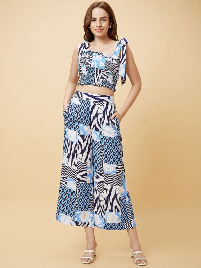 Globus Women Blue Printed Casual Co-Ord Set with Top And Palazzo