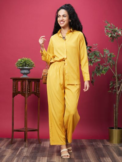 Globus Women Yellow Solid Shirt Collar Co-Ords