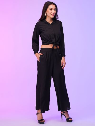 Globus Women Black Front Tie Up Top & Palazzos Co-Ord Set