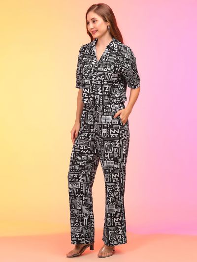 Globus Women Black Abstract Print Boxy Shirt and Trouser Co-Ord Set