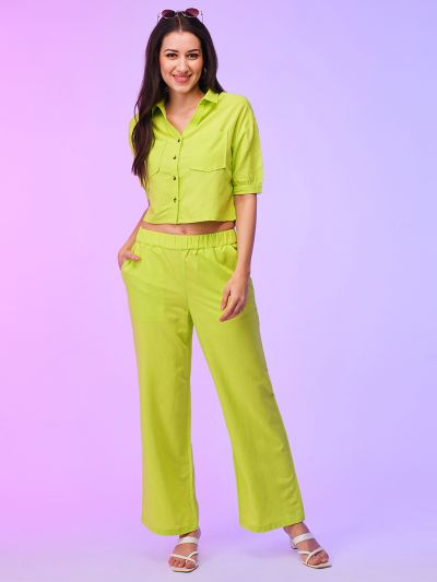 Globus Women Lime Boxy Shirt & Wide Leg Trousers Co-Ord Set