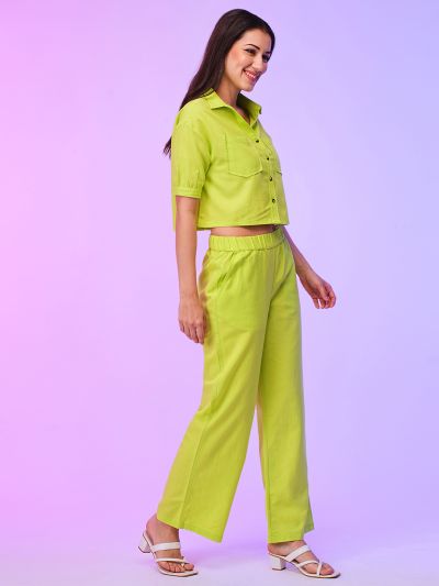 Globus Women Lime Boxy Shirt & Wide Leg Trousers Co-Ord Set