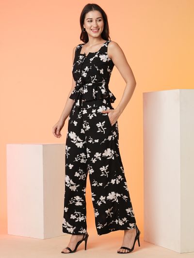 Globus Women Black Square Neck Allover Floral Print Tie-Up Peplum Crop Top & Palazzos Co-Ord Set