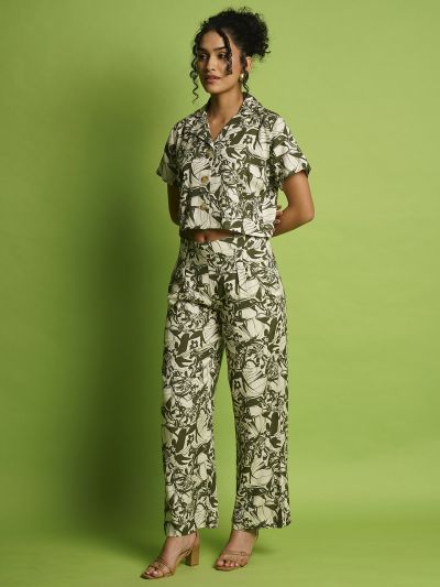 Globus Women Green Abstract Printed Lapel Collar Crop Shirt & Pleated Trousers Co-Ord Set
