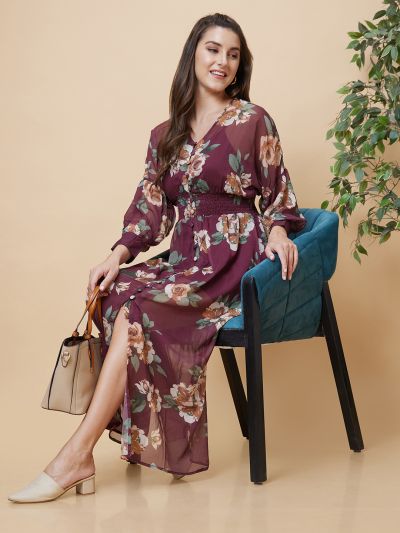 Globus Women Brown Floral Print V-Neck Smocked Casual Fit And Flare Maxi Dress