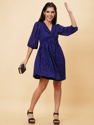 Globus Women Navy Blue Printed Fit and Flare Casual Dress