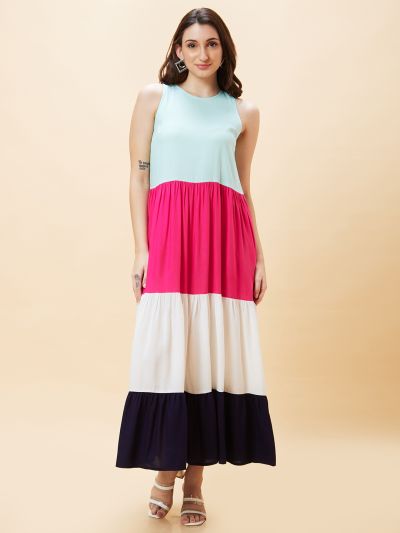 Globus Women Multicolour Colourblocked Round Neck Sleeveless Maxi Dress