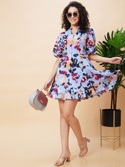 Globus Women Multi Floral Print Mandarin Collar Casual Fit And Flare Dress