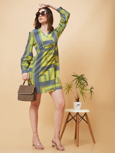 Globus Women Green Optical Print Wrap A-Line Dress