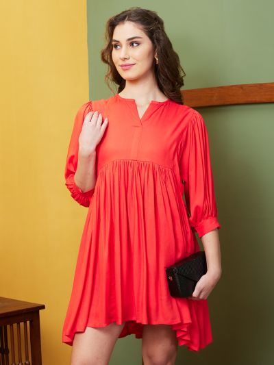 Globus Women Orange Solid Casual Round Neck A-Line Dress