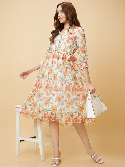 Globus Women Multi Floral Print Flared Shirt Collar Cuff Sleeves Tie-Up with Belt A-Line Dress