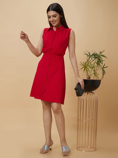 Globus Women Red Solid Shirt Collar Fit To Flare Casual Midi Dress