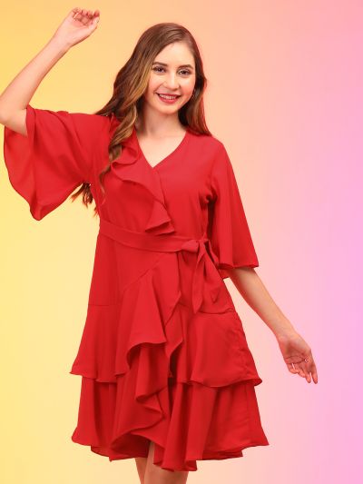 Globus Women Red Wrap Neck Ruffle Asymmetric Party Dress