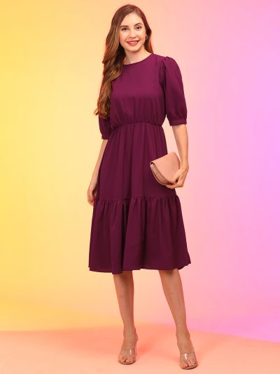 Globus Women Wine Puff Sleeve Fit & Flare Midi Dress