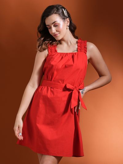 Globus Women Red Square Neck Ruched Detail Shoulder Strap Belted Mini A-Line Dress