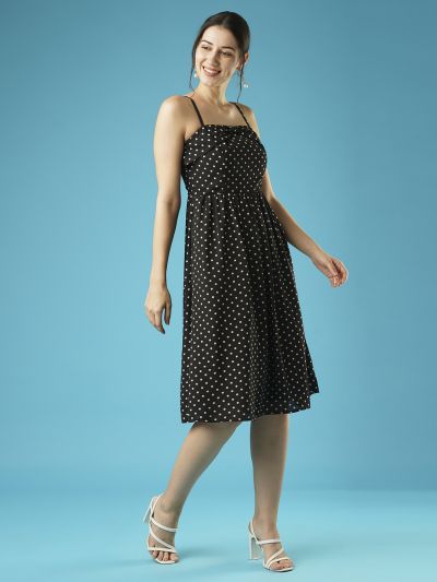 Globus Women Black Polka Dots Square Neck Strappy Shoulder Bow Design Panelled A-Line Midi Party Dress