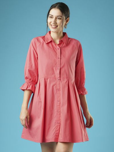 Globus Women Pink Raglan Sleeves Gathered Oversized Above Knee Shirt Style Dress