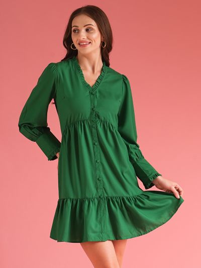 Globus Women Green Button Down Shirt Style A-Line Mini Dress