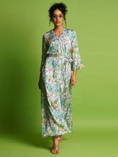 Globus Women Multi Bell Sleeves Floral Printed Front Slit A-Line Maxi Workwear Dress With Belt