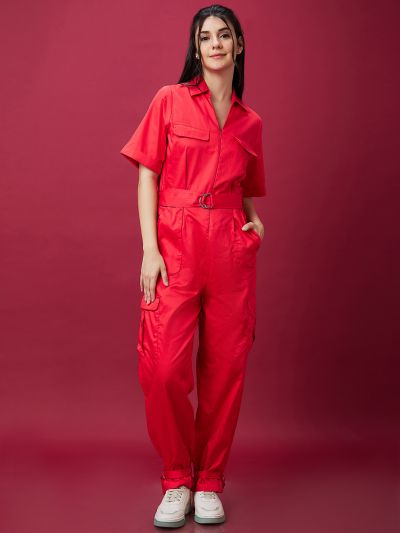 Globus Women Red Solid Shirt Collar Waist Tie Up Casual Boiler Jumpsuit