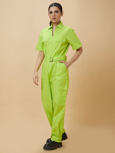 Globus Women Neon Green Solid Shirt Collar Waist Tie Up Casual Boiler Jumpsuit