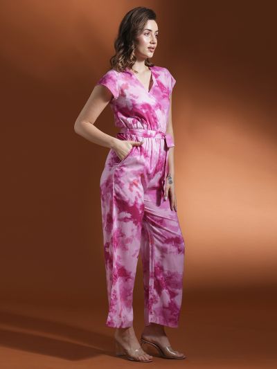 Globus Women Pink Tie- Dye Print Wrap Neck Waist Tie-Up Flared Hem Work Wear Jumpsuit