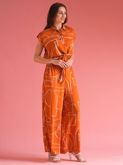 Globus Women Brown Abstract Print Waist Tie-Ups Jumpsuit