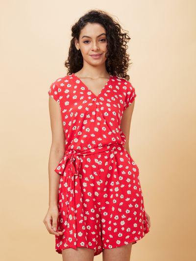 Globus Women Red Printed V-Neck Playsuit with Waist Tie-Ups
