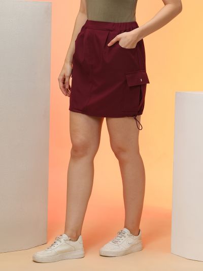 Globus Women Maroon Stretchable Utility Inspired Mini Cargo Skirt With Toggle Hem