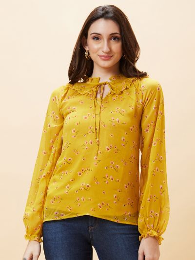 Globus Women Yellow Floral Print Ruffle Tie-Up Neck Top