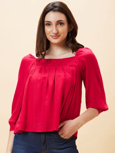Globus Women Pink Solid Square Neck Tuck Detail Top