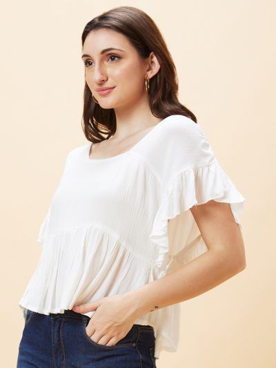 Globus Women White Solid Square Neck Flared Sleeves Top
