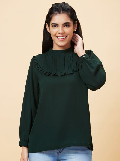 Globus Women Green Solid High Neck Casual Top