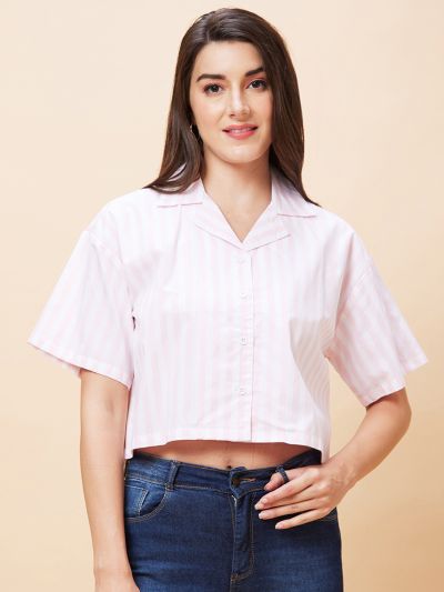 Globus Women White Striped Casual Shirt Style Crop Top