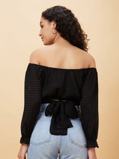 Globus Women Black Self Design Off-Shoulder Casual Top