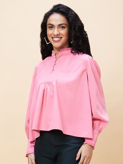 Globus Women Pink Solid High Neck Casual Top