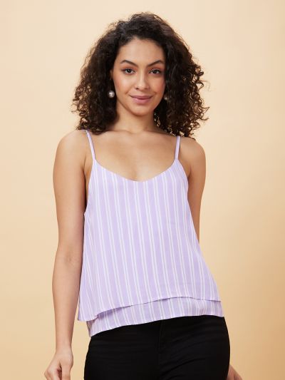 Globus Women Lavender Striped Shoulder Straps Casual Top