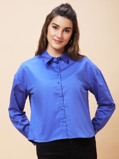 Globus Women Blue Solid Casual Button Down Shirt Style Top