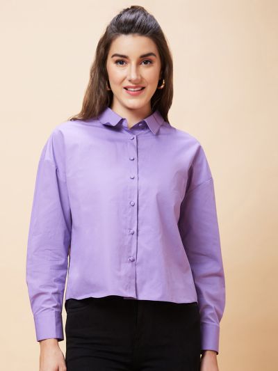 Globus Women Purple Solid Casual Button Down Shirt Style Top