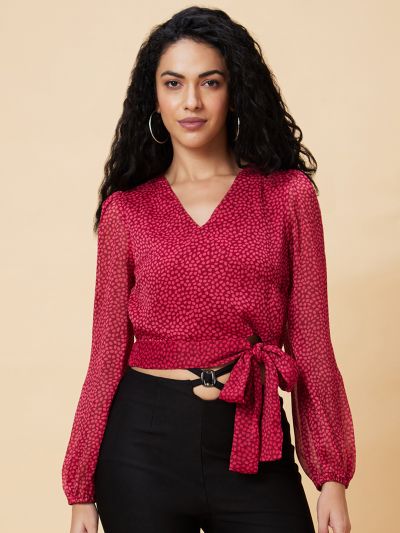 Globus Women Maroon Polka Dots Print Wrap V-Neck Casual Waist Tie-Up Crop Top