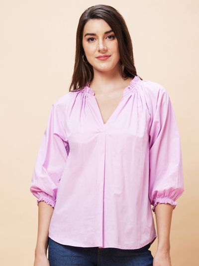 Globus Women Pink Solid Ruffle V-Neck Casual Top