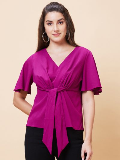 Globus Women Pink Solid V-Neck Casual Waist Tie-Up Top