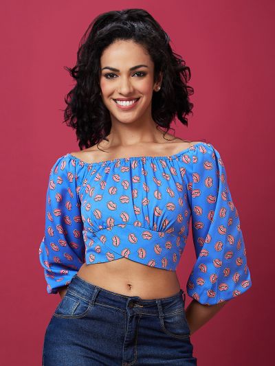 Globus Women Blue Graphic Print Off Shoulder Crop Top