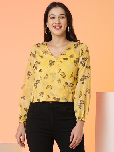 Globus Women Yellow Wrap Neck Full Sleeve Top