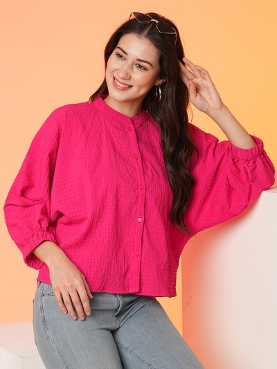 Globus Women Fuchsia Mandarin Collar Batwing Sleeves Structured Shirt Style Top